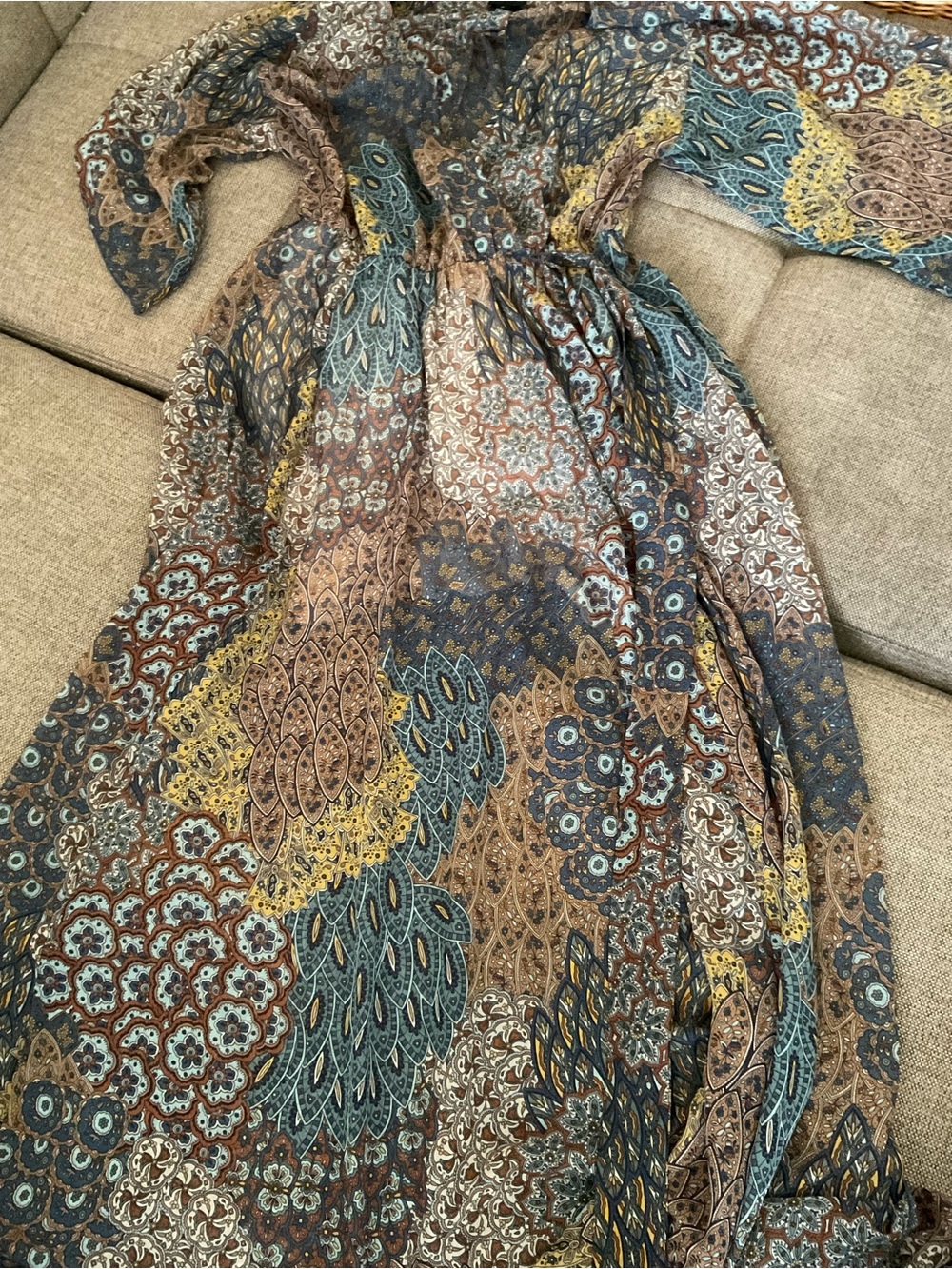 Bohemian Paisley Maxi Dress in Teal, Brown & Mustard